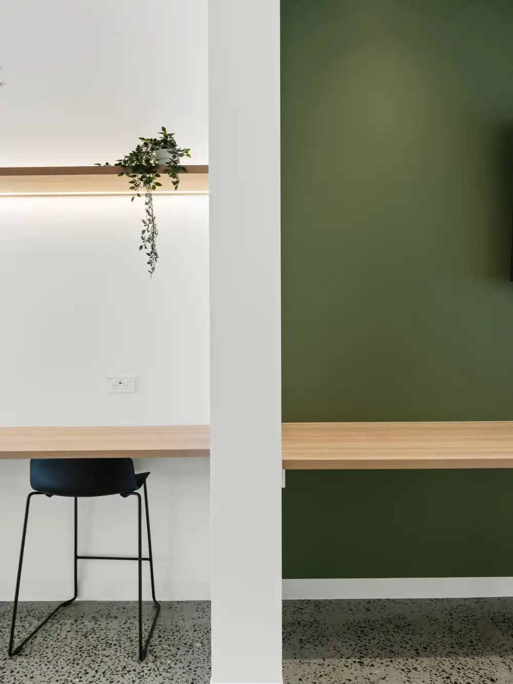 The bright interior of Fresh Lab Laundromats in Maylands — sage-green feature wall and timber benches, a short trip from Marden