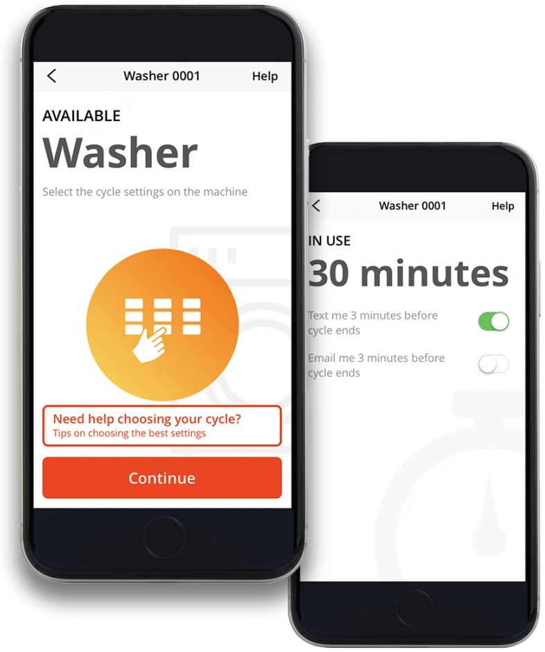 The Speed Queen app on two phones — one showing a Fresh Lab washer available to start, the other a wash cycle in progress with 30 minutes left and cycle-end alerts